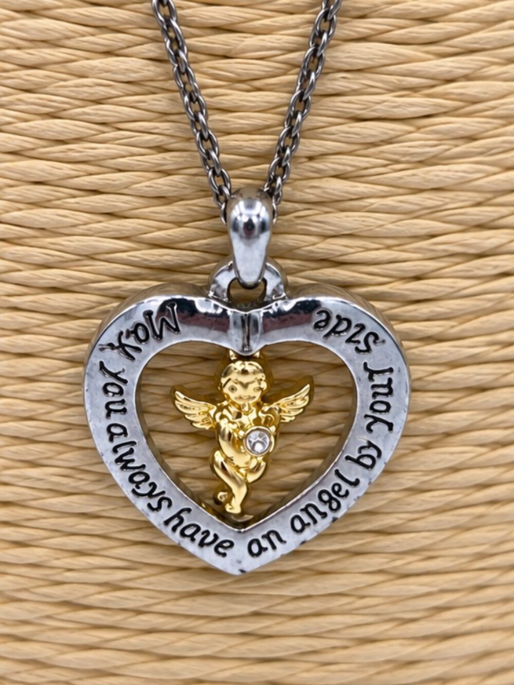 Angel by Your Side Heart Pendant Necklace Two Tone Cherub Rhinestone